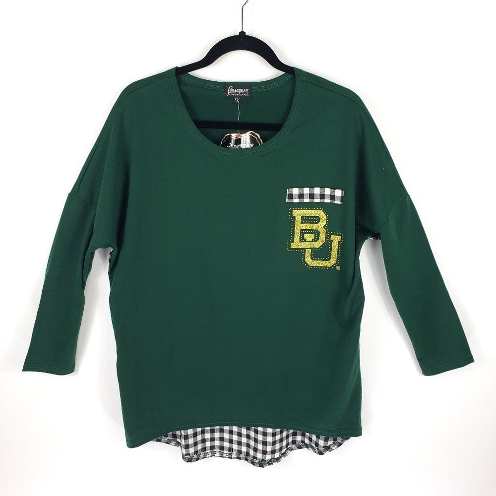 NWT Gameday Couture BU Baylor Univerity Green Gold Gingham Sweater S / XS
